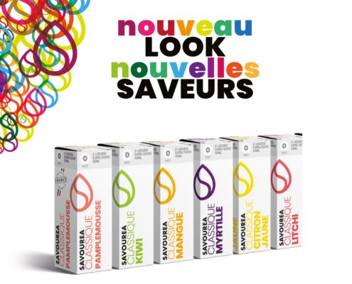 Emballage de jus coloré conçu par une agence de renom, mettant en valeur différentes saveurs de fruits avec le texte : « nouveau LOOK nouvelles SAVEURS ». Limbus Studio