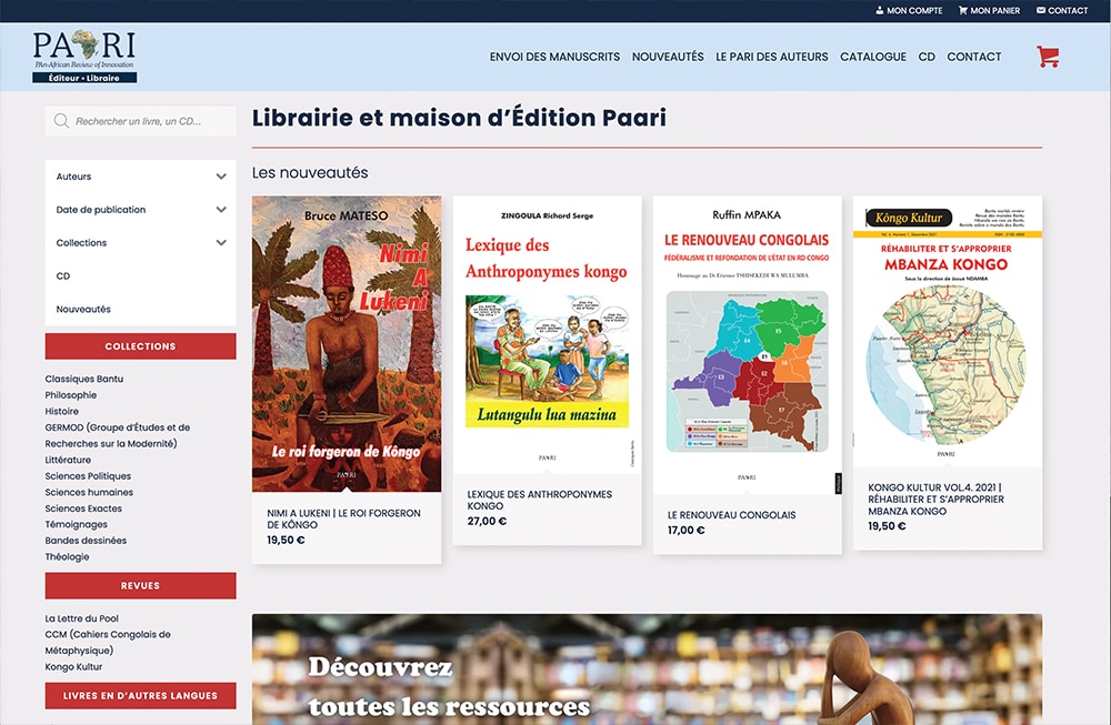 Capture d'écran du site Web de la librairie Paari, présentant une création de nouveaux livres en français, conçus de manière experte avec WordPress. Limbus Studio