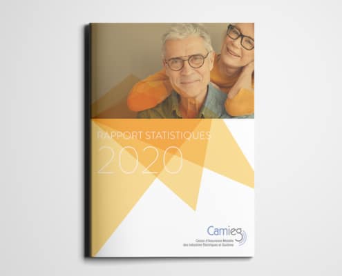 Couverture de "Rapport Statistiques 2020" réalisée par notre agence créative, mettant en scène un couple de personnes âgées souriantes et des motifs géométriques. Limbus Studio