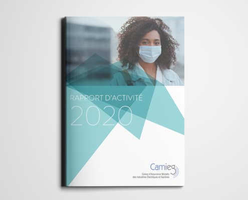 Couverture du « Rapport d'Activité 2020 » avec une personne masquée, un design géométrique et le logo Camieg, réalisée de manière studio élégante, parfaite pour toute agence avant-gardiste. Limbus Studio