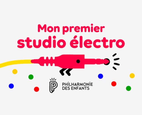 Graphisme coloré avec le texte « Mon premier studio électro », mettant en vedette un câble, des notes de musique et un clin d'œil à l'ambiance d'un studio créatif. Limbus Studio