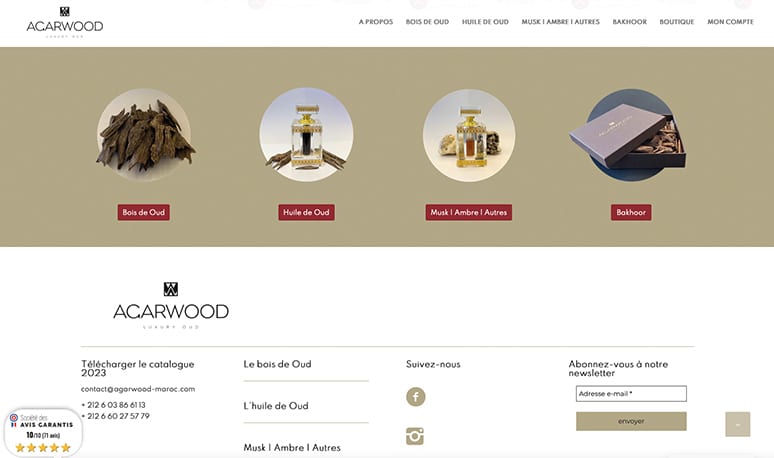 Capture d'écran du site Web d'Acarwood présentant le design élégant des produits Oud, fabriqués avec un savoir-faire exceptionnel, ainsi qu'un formulaire d'inscription à la newsletter pour vous tenir au courant de nos dernières créations. Limbus Studio