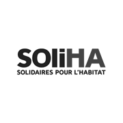 Logo avec texte : « SOLIHA, Solidaires pour l'Habitat » en lettres grasses, noires et grises sur fond blanc, reflétant la prouesse créative du studio. Limbus Studio