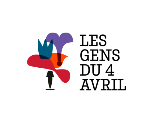 Logo de forme abstraite avec « LES GENS DU 4 AVRIL » à droite, avec des couleurs vives et un design unique qui capture l'esprit du Théâtre Quatre Avril en France. Limbus Studio