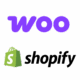 Logos pour WooCommerce ("woo" en violet) et Shopify (sac vert avec "S" et texte "shopify" en noir) sur fond blanc, idéal pour illustrer un rapport d'activité axé sur les plateformes de commerce électronique. Limbus Studio