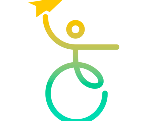 Un personnage stylisé en fauteuil roulant tient un avion en papier jaune au-dessus de sa tête sur un fond blanc, symbolisant l'accessibilité et l'autonomisation. Limbus Studio