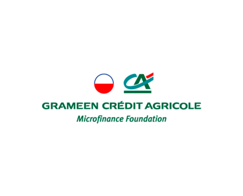 Logo de la Fondation Grameen Crédit Agricole Microfinance avec un texte et deux symboles circulaires au-dessus du nom, reflétant son engagement en faveur de solutions innovantes de crédit-lettre et de financement CIB. Limbus Studio