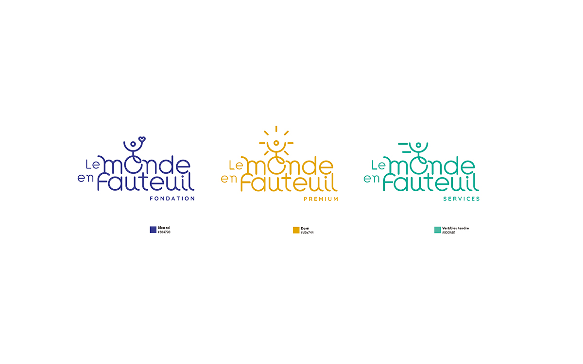 Trois logos colorés pour "Le Monde en Fauteuil" mettent l'accent sur l'accessibilité et le handicap, avec différentes icônes et étiquettes : Fondation, Premium, Services. Chaque logo comporte une référence unique au fauteuil roulant. Limbus Studio