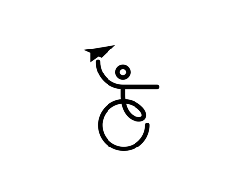 Dessin minimaliste d'une personne en fauteuil roulant tenant un avion en papier, symbolisant l'accessibilité, sur fond blanc. Limbus Studio