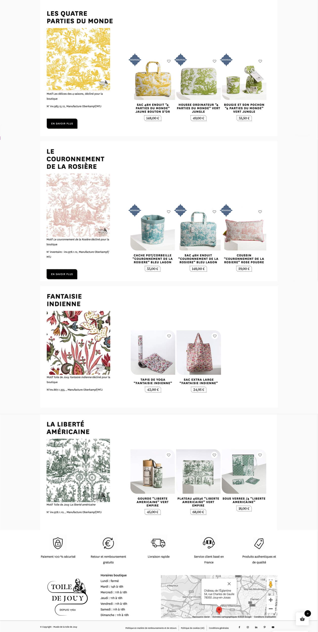 Capture d'écran d'un site web présentant des tissus à motifs et des produits de couleurs et de styles variés, y compris des tissus français classiques tels que la toile de Jouy. Limbus Studio