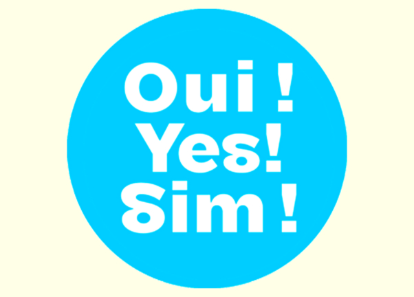 Cercle bleu avec "Oui ! Oui ! Sim !" en texte blanc - signifiant "oui" en français, anglais et portugais - faisant la promotion de la pétition 2degrees pour le climat et inspirant l'action environnementale. Limbus Studio