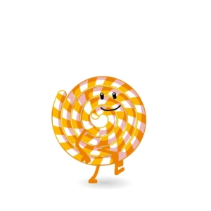 Un joyeux personnage de bonbon rayé orange avec des membres sourit de manière vibrante, incarnant une douce création de design tout en se tenant sur un fond blanc immaculé. Limbus Studio