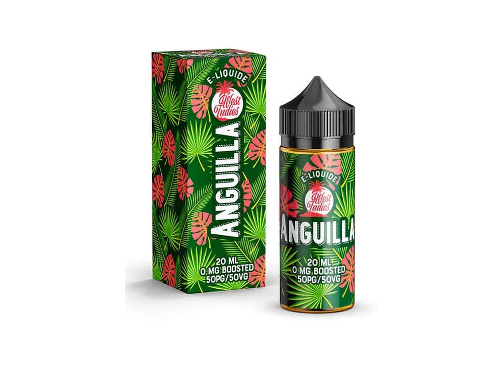 Une bouteille et une boîte d'e-liquide fabriquées en studio étiquetées « Anguilla » avec un motif de feuille et de fleur tropicale capturent l'essence du paradis. Limbus Studio