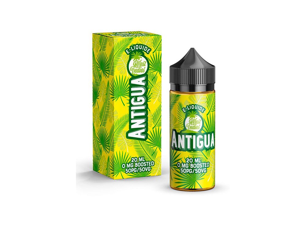 Flacon et coffret e-liquide arborant un motif de feuille tropicale, étiqueté « Antigua » en texte vert, mettant en valeur une création qui vous transporte dans des paradis luxuriants. Limbus Studio