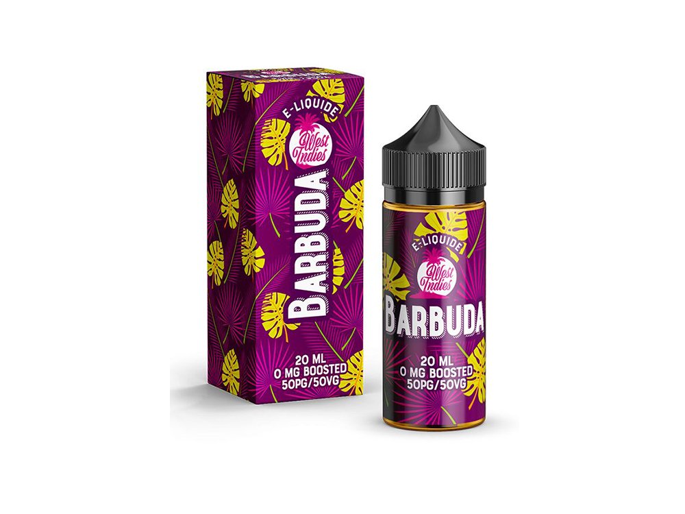 Flacon et boîte d'e-liquide avec marquage « Barbuda », présentant un motif de feuille tropicale réalisé en studio en violet et jaune. Limbus Studio