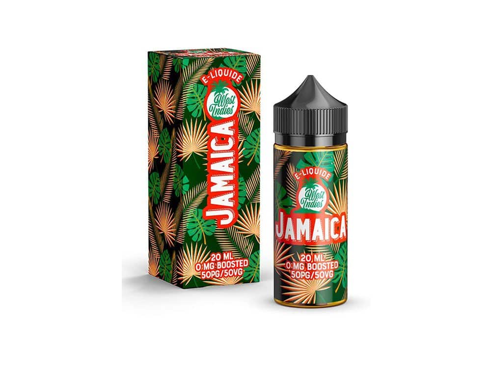 Flacon et packaging e-liquide au design de feuille tropicale, réalisé par une agence innovante, labellisé "Jamaïque", 20ml, 50PG/50VG, 0mg nicotine. Limbus Studio