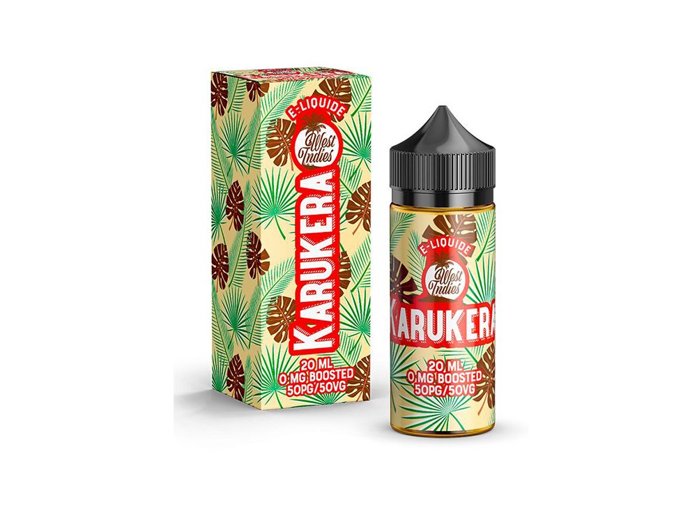 Flacon et coffret d'e-liquide Karukera au design de feuille tropicale colorée, présentant une création unique qui vous transporte dans un paradis insulaire. Limbus Studio