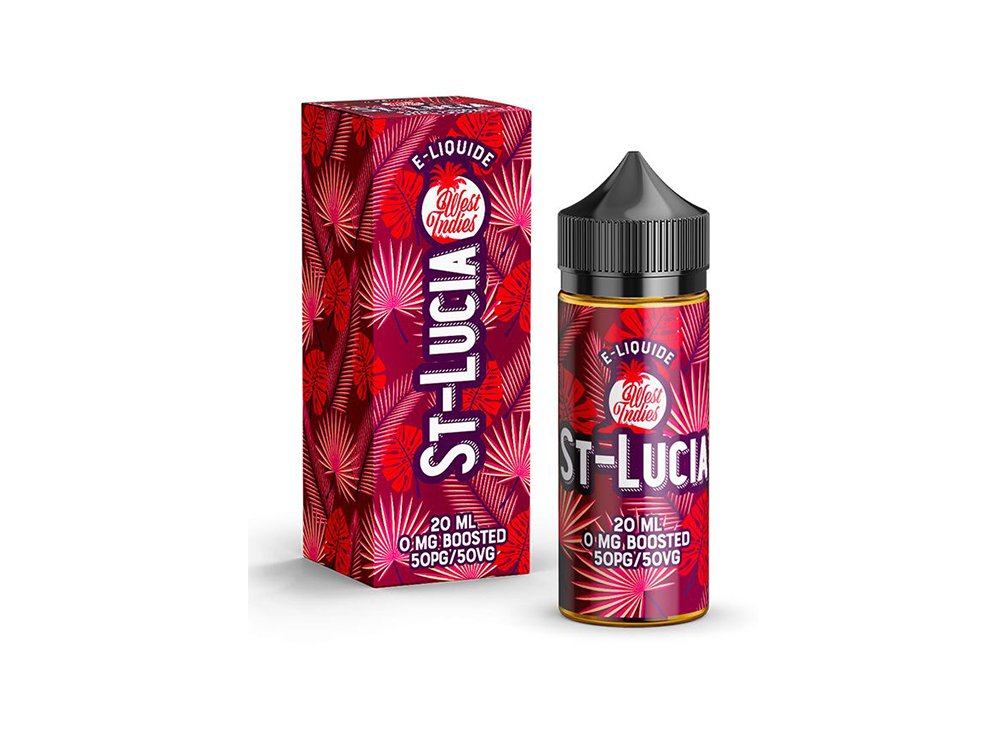 Une bouteille et une boîte magnifiquement conçues d'e-liquide Sainte-Lucie, avec un motif rouge vif et une feuille de palmier qui met en valeur l'art d'un studio de création. Limbus Studio