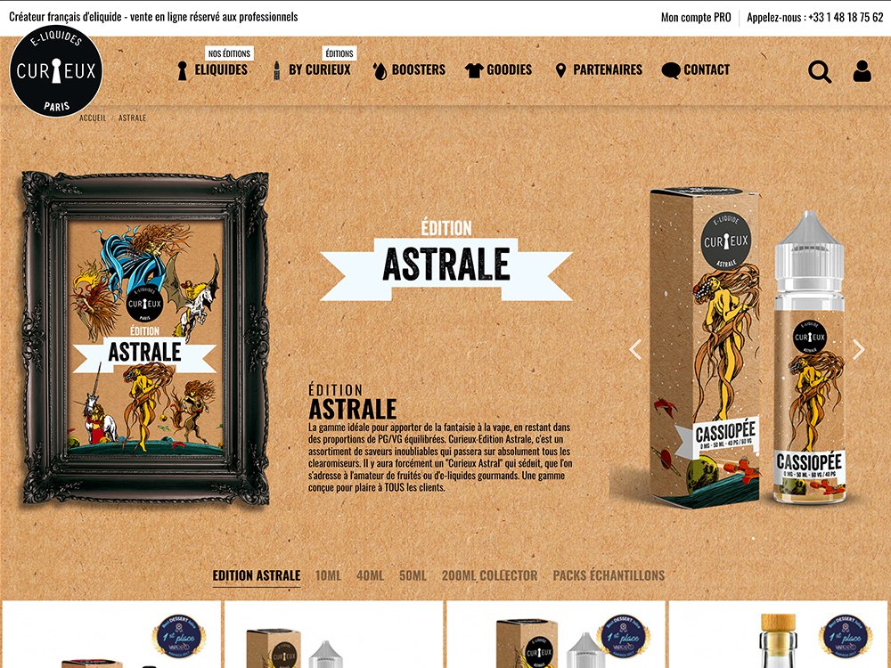 Découvrez le site captivant de notre studio présentant les e-liquides « Edition Astrale », mis en valeur par un design encadré et l'exquise bouteille et boîte Cassiopée. Limbus Studio