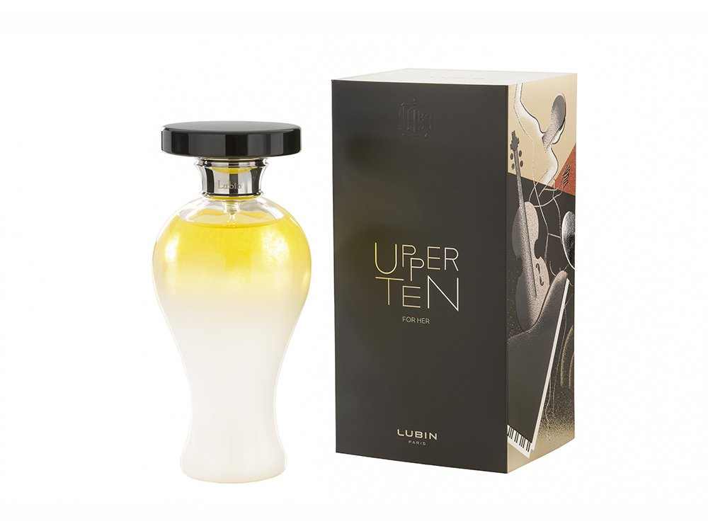 Un flacon de parfum est posé élégamment à côté de sa boîte noire, avec un design artistique et les mots « Upper Ten For Her ». Cette association exquise incarne un design sophistiqué, parfait pour être présenté sur votre site WooCommerce.