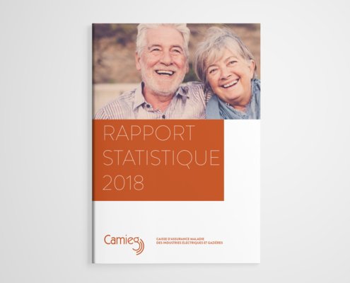 La couverture du « Rapport Statistique 2018 » respire un design chaleureux, mettant en scène un couple de personnes âgées souriantes en arrière-plan, soigneusement conçu par notre agence. Limbus Studio