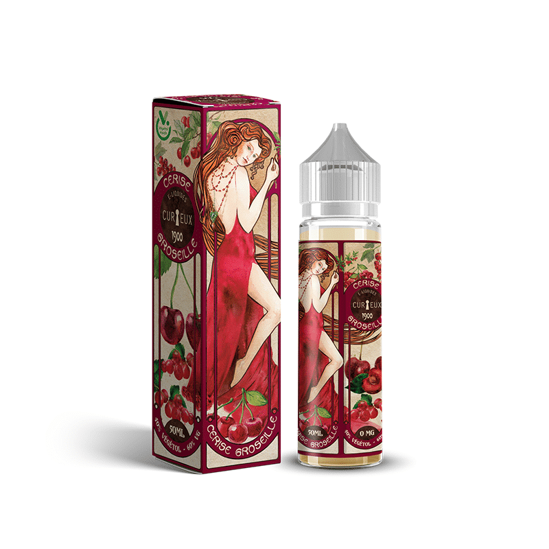 La bouteille et la boîte de jus de vape présentent un superbe design Art nouveau, avec des graphismes de cerises et une illustration élégante d'une femme en robe rouge. Limbus Studio