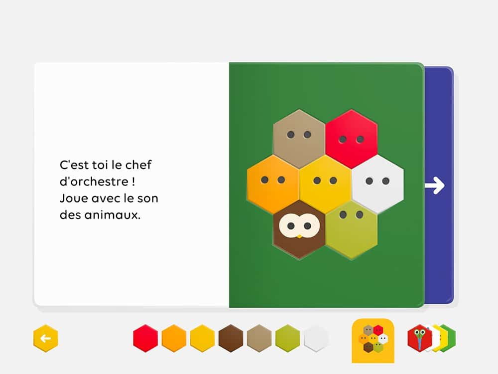 Une page de livre présentant des formes hexagonales colorées ressemblant à des visages d'animaux, conçue avec un design exquis et un texte français. Limbus Studio