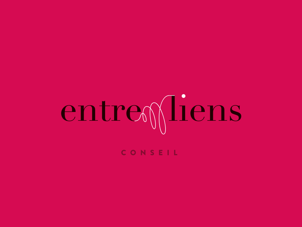 Logo sur fond rouge avec "entreliens" et "CONSEIL" en texte élégant noir et blanc, reflétant un studio de design et de création raffiné. Limbus Studio