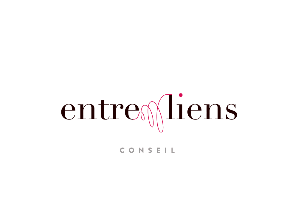 Logo avec le texte "entreliens" en noir et rose, et "CONSEIL" en dessous en gris. Une spirale rose décore le texte, incarnant une touche de studio de design créatif idéale pour les amateurs de WordPress. Limbus Studio