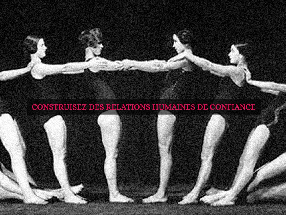 Dans un décor de studio, des personnes en justaucorps noir se livrent à un exercice de confiance, incarnant le message : « CONSTRUISEZ DES RELATIONS HUMAINES DE CONFIANCE. Limbus Studio