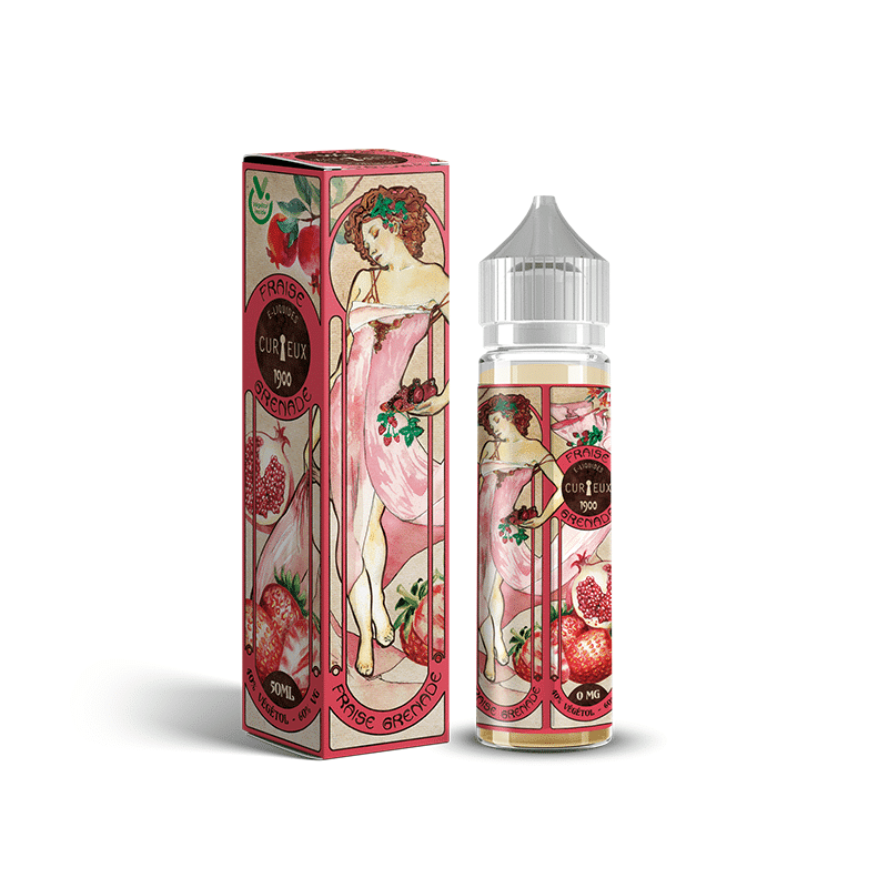 Flacon et coffret e-liquide au design vintage d'une femme en rose avec des fraises, capturant l'essence de l'art classique. Idéal pour ceux qui apprécient la création unique et le design réfléchi. Limbus Studio