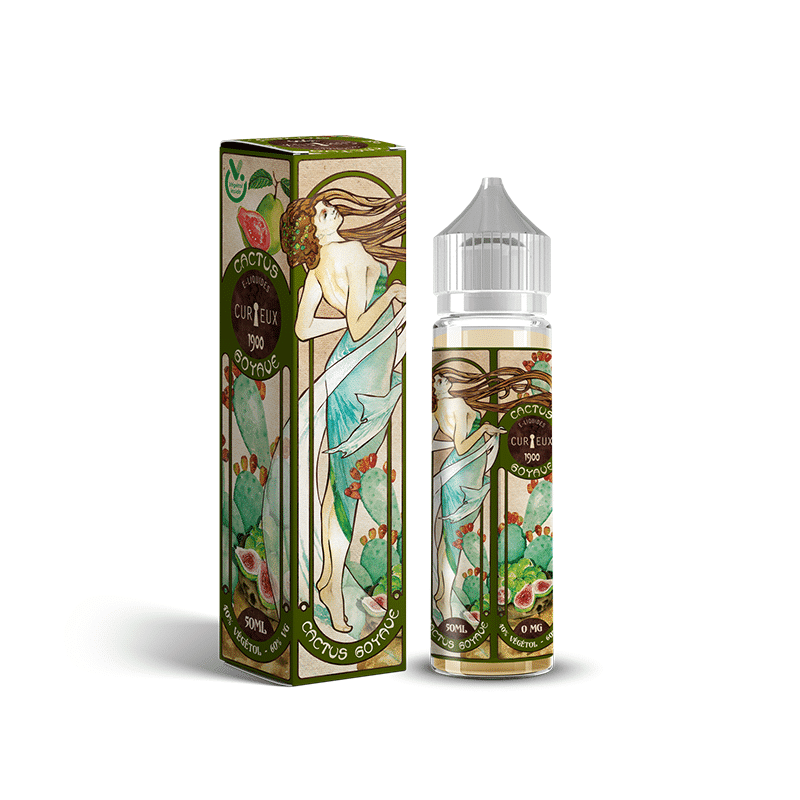 Emballage de jus de vape inspiré de l'Art Nouveau présentant un superbe design d'une femme entrelacée de cactus, reflétant une création méticuleuse et une élégance. Limbus Studio