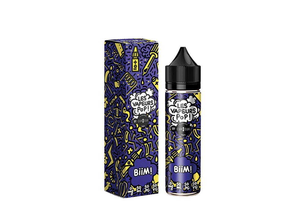 Un flacon et une boîte d'e-liquide vape colorés avec des graphismes violets et jaunes ludiques, étiquetés « Les Vapeurs Pop ! Biim ! » — conçus comme une œuvre d'art vibrante issue d'un studio de création. Limbus Studio