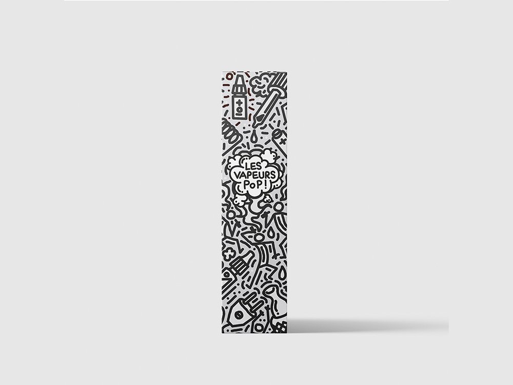 Coffret à motifs noir et blanc avec le texte "Les Vapeurs Pop!" sur fond gris uni, présentant un design unique qui captive. Limbus Studio