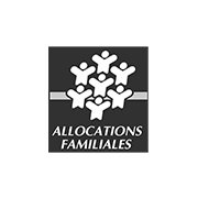 Logo des "Allocations Familiales" avec des figures abstraites formant un arbre sur un fond sombre. Limbus Studio