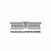 Logo du Palais de la Porte Dorée présentant un design de bâtiment stylisé avec du texte en dessous. Limbus Studio