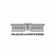 Logo du Palais de la Porte Dorée présentant un design de bâtiment stylisé avec du texte en dessous. Limbus Studio