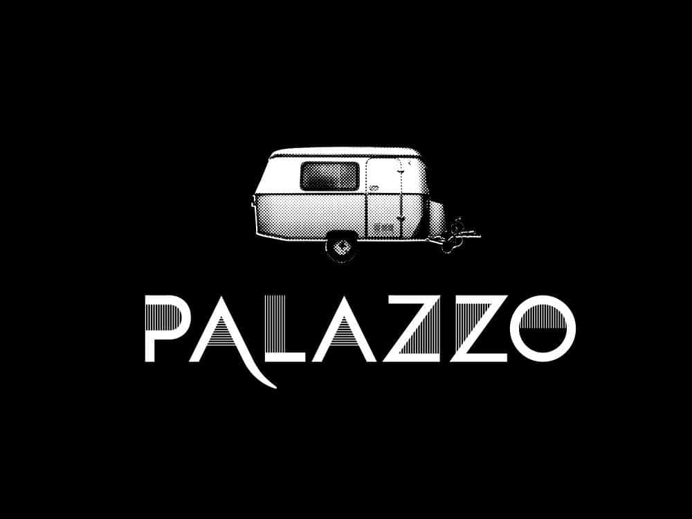 Une illustration de camping-car vintage orne gracieusement le mot « PALAZZO » sur un fond noir élégant, mêlant art et esthétique du webdesign. Limbus Studio