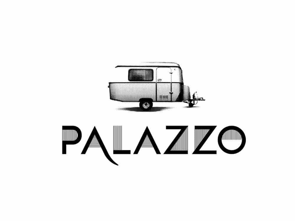 Illustration d'un camping-car vintage avec le texte stylisé « PALAZZO » ci-dessous, présentant un design et un graphisme exquis. Limbus Studio