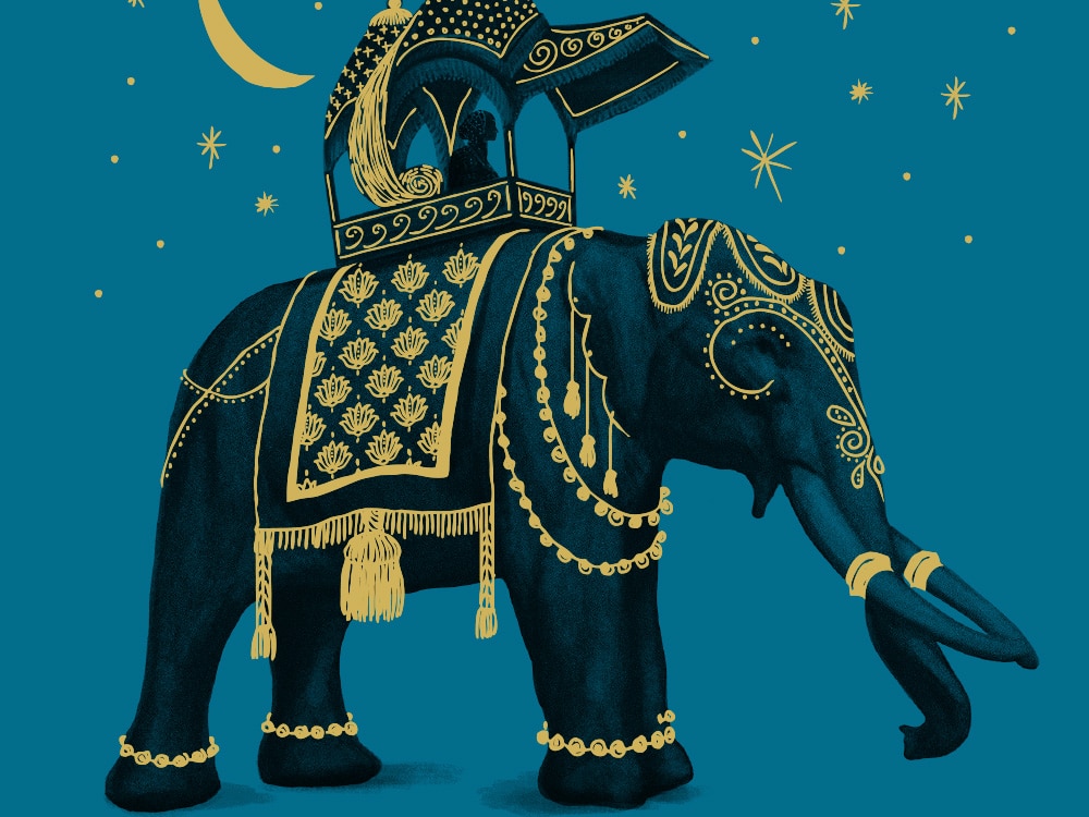 Éléphant illustré avec des détails dorés et un croissant de lune sur un fond bleu sarcelle avec des étoiles, présentant un design exquis qui reflète la création artistique.