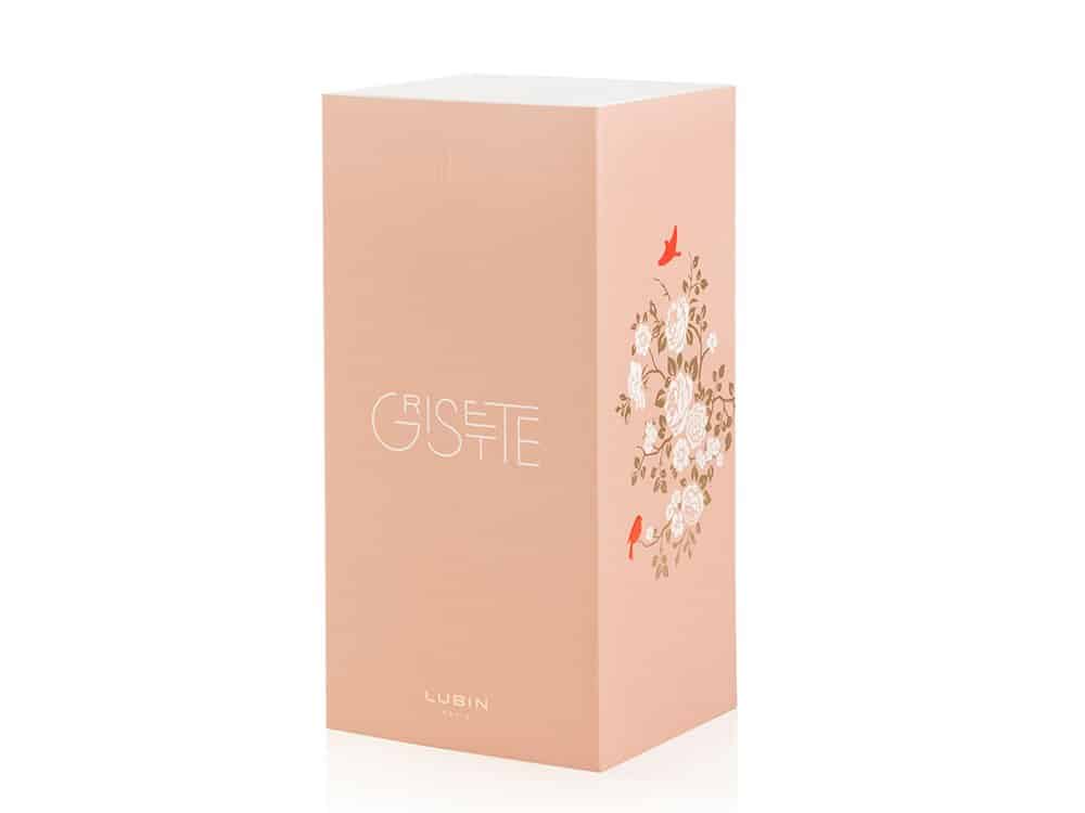 La boîte de parfum couleur pêche, ornée d'un motif floral et du mot « Grisette », est parfaite pour être exposée sur votre site WooCommerce.