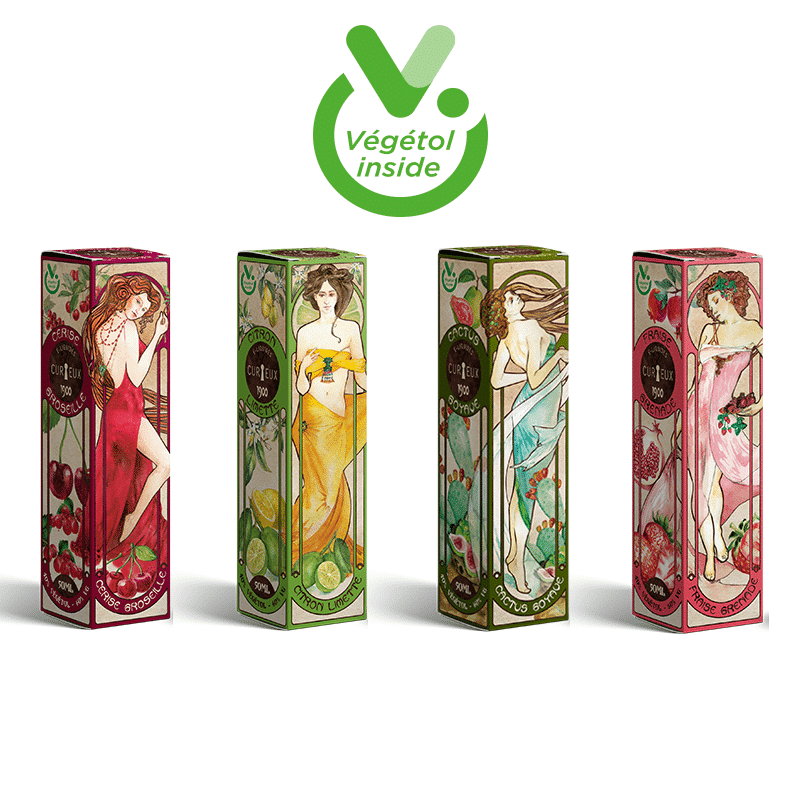 Quatre boîtes vibrantes contenant des stylos vape aux saveurs assorties, ornées d'une illustration artistique de femmes et du logo « Végetol inside », capturent l'essence d'un design réfléchi et d'un flair créatif. Limbus Studio