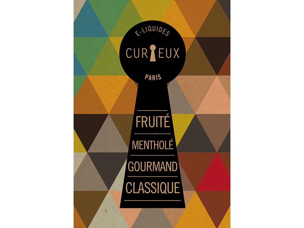 Fond géométrique coloré avec une forme de trou de serrure de studio répertoriant « Fruité, Mentholé, Gourmand, Classique », parfait pour votre prochaine création WordPress. Limbus Studio