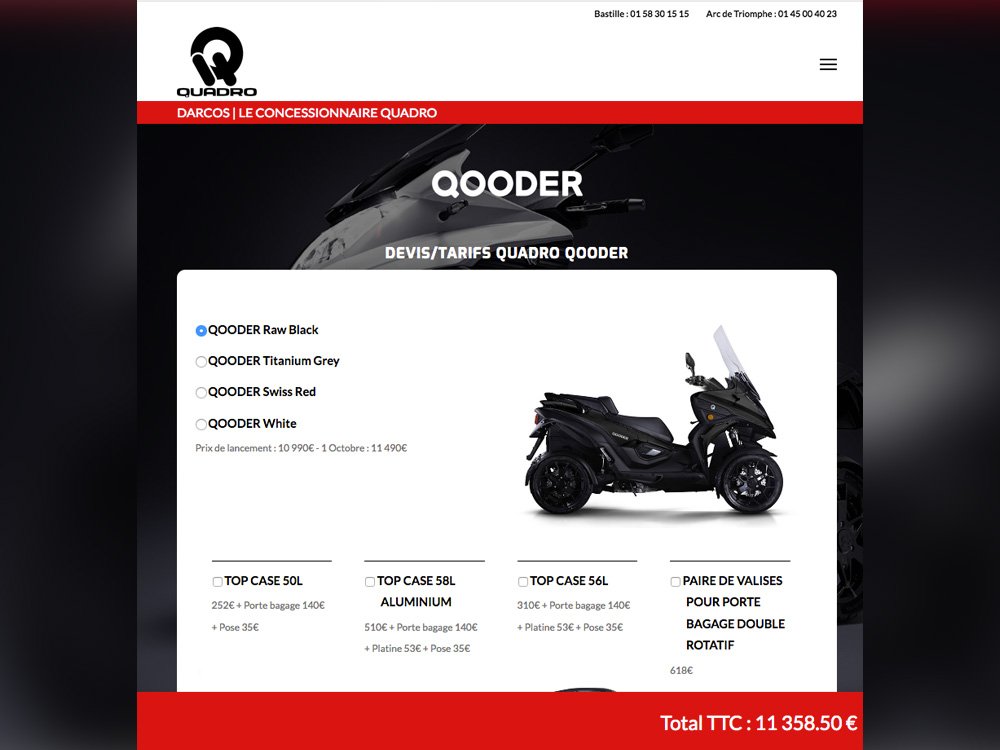 Découvrez notre site Web conçu par des experts, présentant une gamme d'options de couleurs et de prix pour les scooters Quadro. Plongez dans une expérience de conception Web transparente qui donne vie à chaque modèle avec brio et précision. Limbus Studio