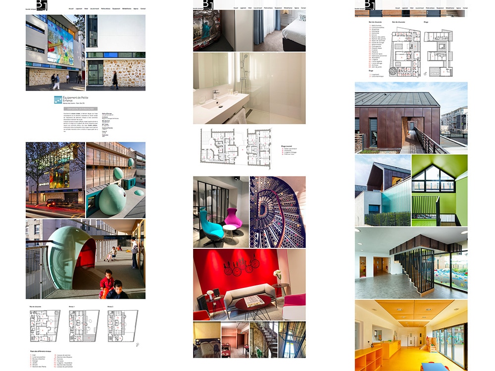 Collage de conceptions architecturales, d'espaces intérieurs, de plans d'étage et de bâtiments modernes colorés, mettant en valeur le flair esthétique d'une agence innovante.