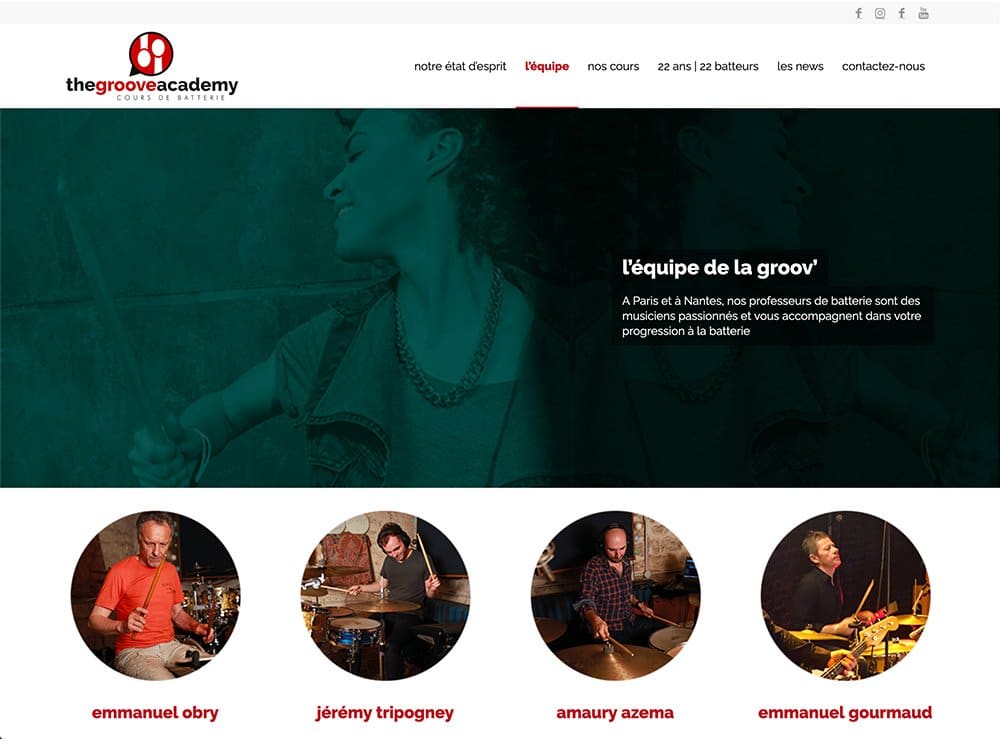 Page d'accueil du site Web de The Groove Academy, réalisée avec WordPress, présentant des batteurs en action et des photos d'équipe ci-dessous. Limbus Studio