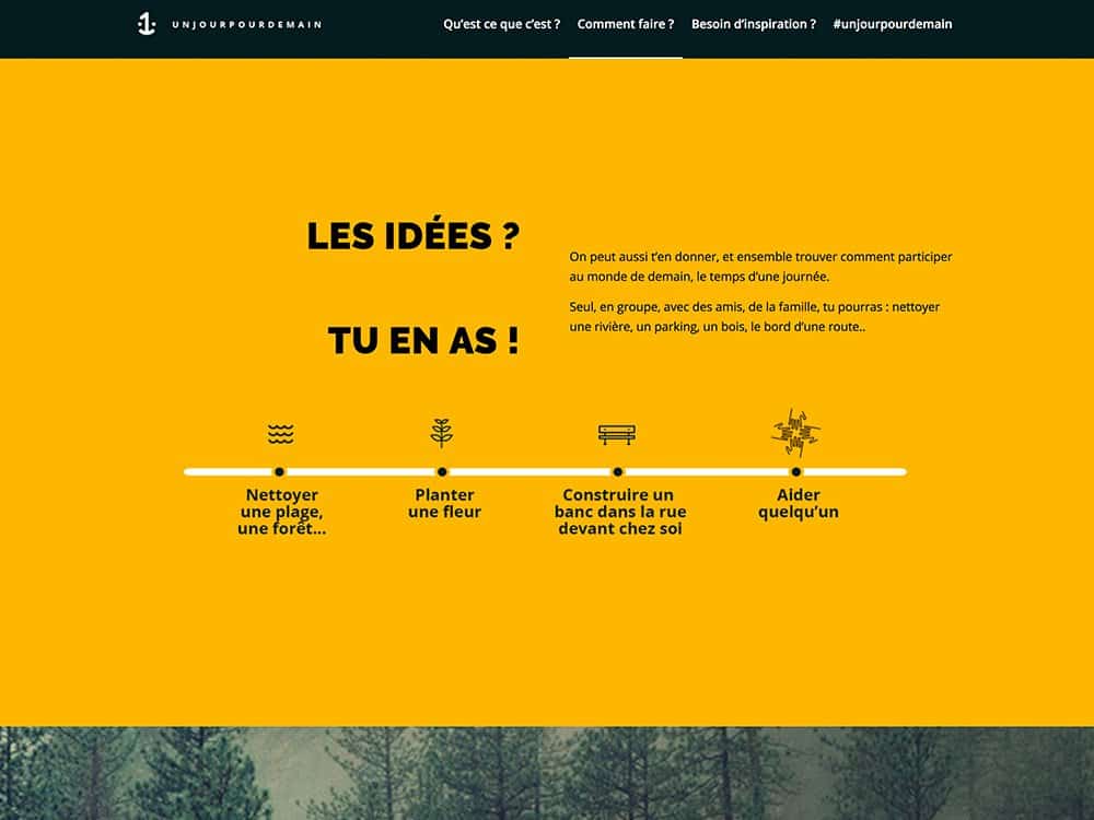 Un graphique jaune avec du texte et des icônes suggère des activités respectueuses de l'environnement comme le nettoyage et la plantation pour aider l'environnement, en mélangeant la nature avec une touche de créativité en matière de conception Web. Limbus Studio